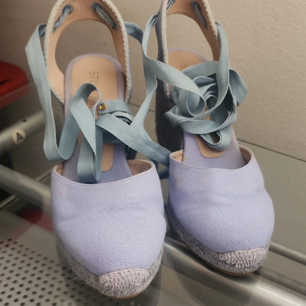 Stuart Weitzman Blue Espadrille Wedge Sandals Wrap Tie Summer Resort